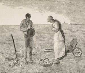 Angelus, casal de agricultores nos campos, gravura da pintura de Jean-François Millet (1814-1875), pintor francês, da L