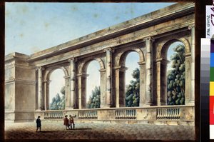 Vista de uma galeria arqueada. Pintura de Jean François Thomas de Thomon (1754-1813). Aquarela e tinta sobre papel, 38,4 x 52,8 cm