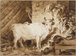 Touro branco e um cão em um estábulo de Jean Honore Fragonard