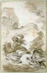 Angélica chega à costa onde o Eremita está à espera (giz, caneta, tinta e lavagem em papel) de Jean Honore Fragonard