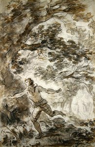 Ruggiero procura Angelica que se tornou invisível (caneta e tinta, giz e lavagem em papel) de Jean Honore Fragonard