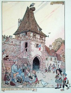 Um soldado francês ensinando francês a crianças alsacianas que se tornaram cidadãs francesas novamente, ilustração de 