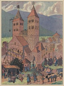 Construção da Abadia de Murbach, perto de Guebwiller, Alsácia (cor litho)