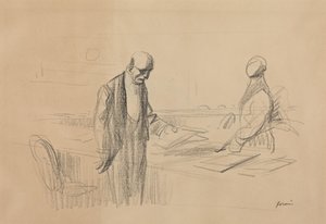 a) Na conferência (recto); b) Figura reclinada (verso)