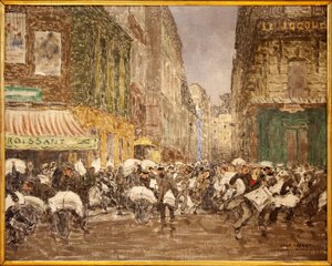 O lançamento dos jornais da noite, na rue du Croissant em 1914, Pintura de Jean Louis (Jean-Louis) Lefort (1875-1954), mostrando as actividades da imprensa tradicionalmente estabelecida em grande parte do 2º arrondissement da cidade de Paris, No café du Cr de Jean Louis Lefort