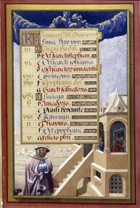 Janeiro: Casa no inverno (Aquarius) - fac-símile das Horas de Ana de Bretanha, de Jean Bourdichon de Jean (after) Bourdichon