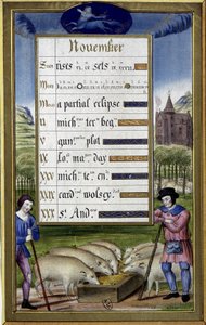 Novembro e sinal de sagitário: criação de porcos - fac-símile das Horas de Anne de Bretagne, de Jean Bourdichon