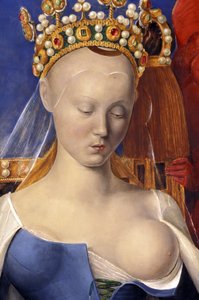 Detalhe da Virgem Enfermeira representada como Agnes Sorel (depois da Virgem de Antuérpia, por Jean Fouquet, cerca de 1452-1455)