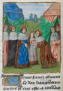 O Rei Ricardo II de Inglaterra recebendo a sua noiva, Isabel, do seu pai, o Rei Carlos VI de França, ilustração de 