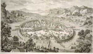 Tchao-Hoei ocupa suas tropas com Exercícios e Jogos Militares em 1758, placa 5 de uma série de gravuras representando as conquistas de Qianlong, o Imperador da China, gravadas por Pierre Philippe Choffard (1730-1809) 1772 (gravura) de Jean (d.1781) (after) Damascene