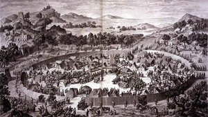 Tchao-Hoei em seu Acampamento abaixo das muralhas de Yerechim Recebe a Homenagem dos Habitantes da Cidade e Província em julho de 1759, placa 4 da série de gravuras representando as conquistas de Qianlong, o Imperador da China, gravada por Pierre Philippe  de Jean (d.1781) (after) Damascene