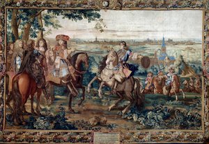 Continuação da Histoire du Roi: “” Captura de Lille por Luís XIV, agosto de 1667 após o papelão de Santo André. Pintura realizada pela oficina de Jean Mozin (século XVII) na fábrica dos Gobelins. Escurecer. 3,7x5,5m. Versalhes, museu do castelo de Jean (workshop) Mozin