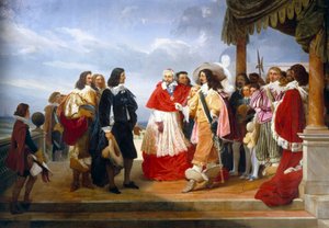 Nicolas Poussin, pintor francês que chega de Roma, é apresentado a Luís XIII Rei de França pelo Cardeal Richelieu, detalhe