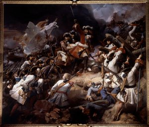 A Batalha de Denain em 24 de Julho de 1712 Foi vencida pelo Marechal de Villars sobre o Príncipe Eugene de Savoy. Pintura de Jean Alaux dit le Romain (1786-1864) 1839 Sol. 4,65 x 5,43 m