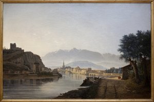 Vista de Grenoble retirada do Quai de la Graille, Pintura a óleo de Jean Achard (1807-1884) feita em 1837. Fotografia, KIM Youngtae, Grenoble, Musee de Grenoble.