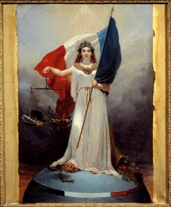Figura simbólica da República. Alegoria representando a república como uma mulher com uma coroa de louros, símbolo da paz, mantendo um equilíbrio, símbolo de justiça e a bandeira tricolor. Sob o seu pé a coroa da monarquia esmagada e as correntes quebradas