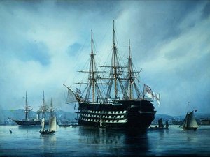 Um navio de guerra inglês ancorado ao largo de um porto de Jean Altamura