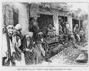 Bazar a Bahrein, Chade. Gravado por A.Rixens para ilustrar a história A Suse, journal des excavilles