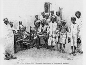 Café no Steamer Point Bazaar, Aden, Iémen. Gravura de A. Rixens para ilustrar a história A Suse, journal des excavilles