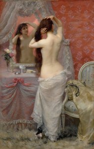 Jovem nua penteando o cabelo em um interior, 1887.