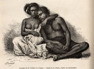 O jovem rei de Vaitatu, na ilha de Tauata, no arquipélago das Ilhas Marquesas, rodeia-se dos braços da sua esposa, gravado após um desenho de A. Rixens ilustrando as memórias do Pacífico, em 1872-1874, por A. Pailhes, um navio de