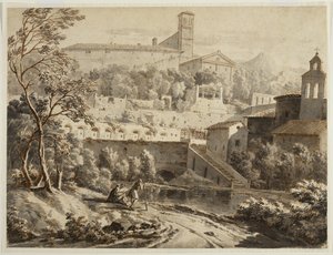Um artista desenhando ao longo de uma margem do rio, abaixo de uma cidade italiana, c.1780 (tinta e papel lavado, vestígios de giz preto) de Jean Antoine Constantin
