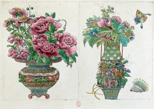 Desenho a partir de uma jarra chinesa: vaso de flores. Pintura de Jean Antoine Fraisse (século XVIII)