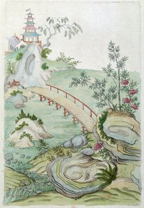 Desenho a partir de um vaso chinês: paisagem com ponte. Pintura de Jean Antoine Fraisse (século XVIII)