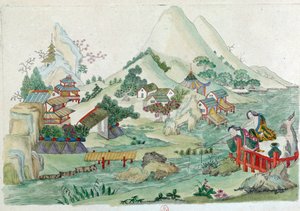 Desenho a partir de uma jarra chinesa: paisagem com rio e caracteres. Pintura de Jean Antoine Fraisse (século XVIII)