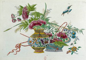 Flores num vaso. O desenho vem de uma jarra chinesa. Pintura de Jean Antoine Fraisse (século XVIII)