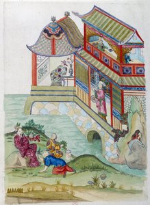 Casa no rio. O desenho vem de um vaso chinês. Pintura de Jean Antoine Fraisse (século XVIII)
