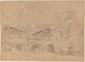 An Alpine Village in Summertime (giz preto e grafite realçados com giz branco sobre papel castanho)