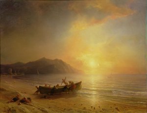 Uma paisagem costeira com pescadores árabes Lançando um barco ao pôr do sol