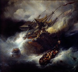 Incêndio do Kent Afundamento de um barco (1800). Pintura por Theodore Gudin (1802-1880)