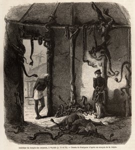Dentro do templo das cobras fetiches, em Wydah, em Dahomey (actual Benin), desenho de Jean Antoine Foulquier (1822-1896), para ilustrar a viagem do Dr. Repin a Dahomey em 1860. Gravura em "Le tour du monde", editado por Edouard Charton