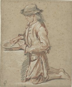 Rapaz com chapéu de feltro por um caixote do lixo de Jean Antoine Watteau (rejected attribution)