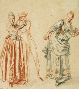 Uma cena da commedia dell "arte: Uma garota resistindo aos avanços de um comediante e uma atriz executando um passo, c.1718 de Jean Antoine Watteau
