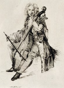 Violoncelista, de Jean Antoine Watteau (1684-1721), gravura, França de Jean Antoine Watteau