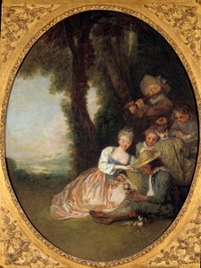 Concerto de Champetre ou "A declaração esperada". O jovem casal apaixonado cora. Pintura em estilo rococó de Jean Antoine Watteau (1684-1721) de Jean Antoine Watteau