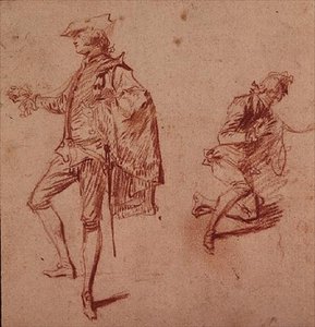 Desenho de um jovem de pé e outro de joelhos (papel de lápis de cera) de Jean Antoine Watteau