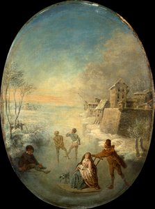 Gentlefolk on the Ice by a Walled Town in Winter (petróleo) de Jean Antoine Watteau