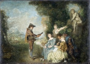 A Lição de Amor (cena galante dans un jardin, avec statue et musicien) - Pintura de Jean Antoine Watteau (1684-1721), óleo sobre madeira (44 x 61 cm) de Jean Antoine Watteau