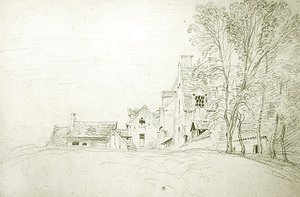 Paisagem ao longo de uma estrada cercada por árvores (giz vermelho sobre papel) de Jean Antoine Watteau