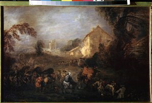 O Fardo da Guerra. Pintura de Jean Antoine Watteau (1684-1721). Óleo sobre cobre, 21,5 x 33,5 cm, cerca de 1713. Arte francesa, arte rococó. Museu Hermitage, São Petersburgo. de Jean Antoine Watteau