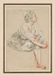 Mulher Jovem Sentada, c. 1716 (giz preto, vermelho e branco no papel) de Jean Antoine Watteau