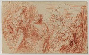 Folha de estudos após os antigos mestres (giz vermelho sobre papel) de Jean Antoine Watteau