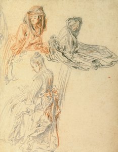 Estudos de três mulheres sentadas, c.1716-18 (giz no papel) de Jean Antoine Watteau
