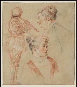 Estudos de um flautista e duas mulheres, c.1717 de Jean Antoine Watteau