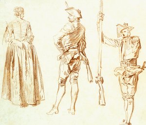Estudo de uma jovem mulher e dois caçadores, c.1712-13 de Jean Antoine Watteau