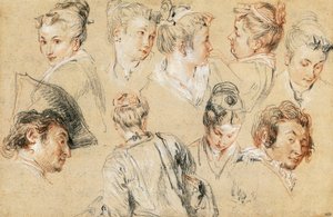 Estudo de cabeças, por Jean-Antoine Watteau (1684-1721), desenho de Jean Antoine Watteau
